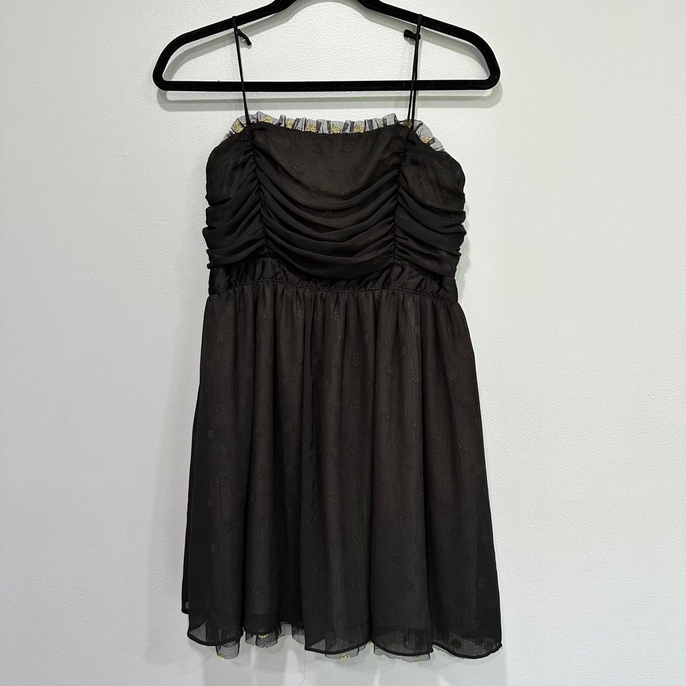 Miley Cyrus Women's Black Gold Dot Mesh Ruffle‎ Spaghetti Strap Mini Dress y2k
